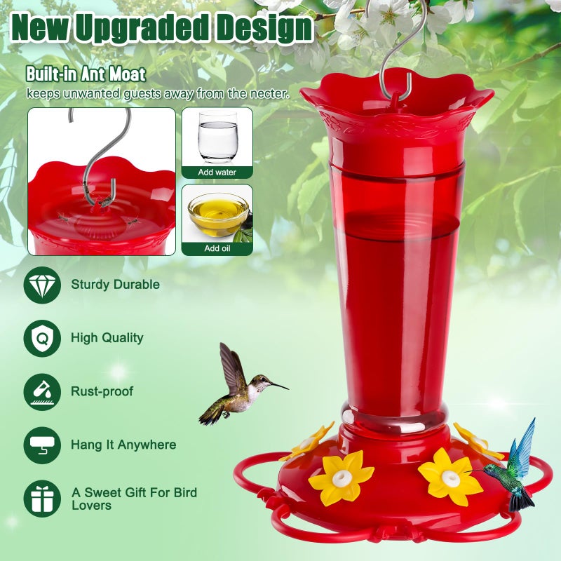 Gbekery Glass Hummingbird Feeders for Outdoors Hanging Ant and Bee Proof Red 10 OZ 2 Pack Bird Feeders for Outside Hanging 5 Feeding Stations Bird Nectar Feeder for Garden Yard D?cor Gifts for Mom - Image 2
